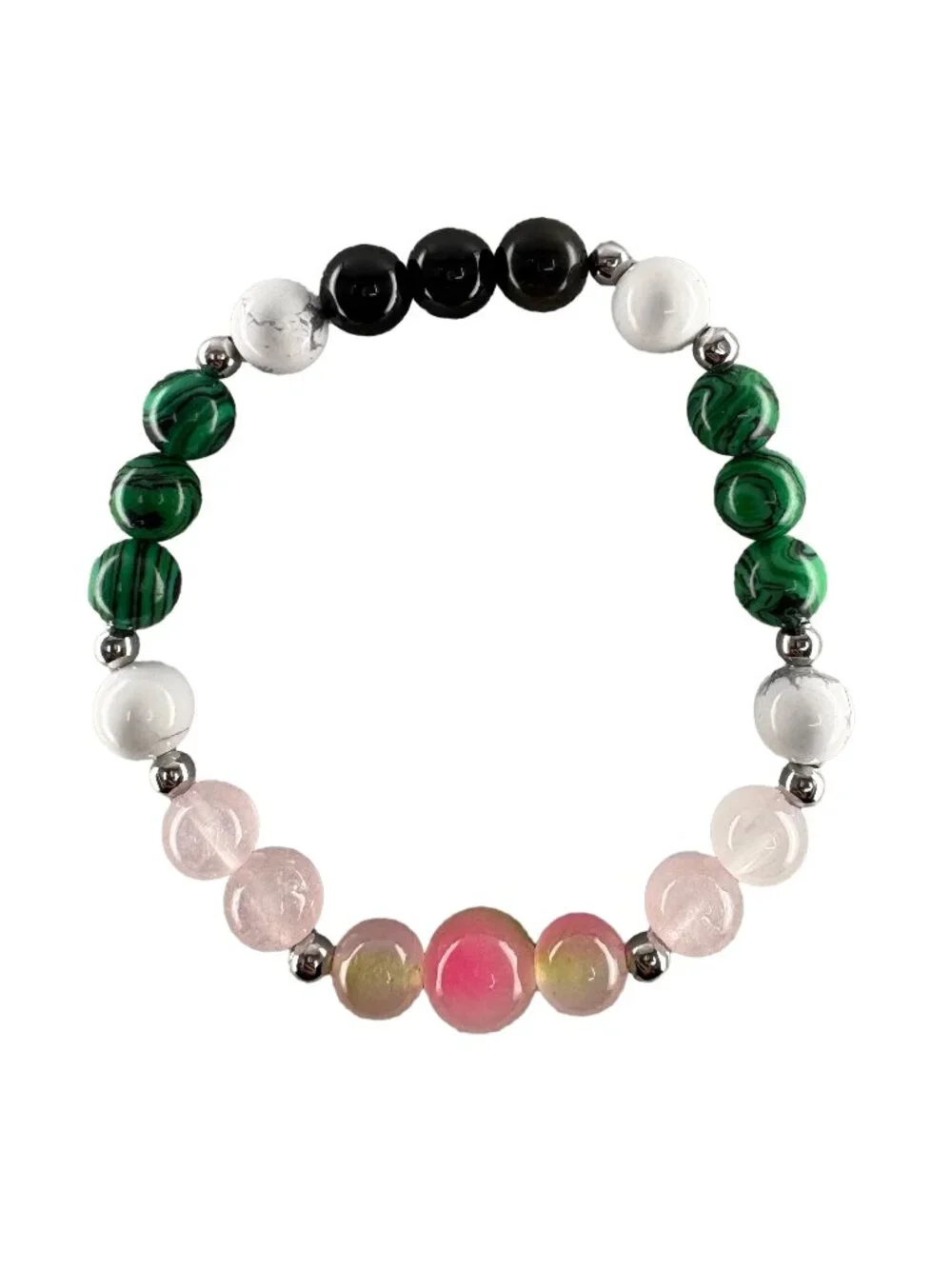 Watermelon Chalcedony Malachite Rose Quartz Obsidian Stretch Bracelet 6.65
